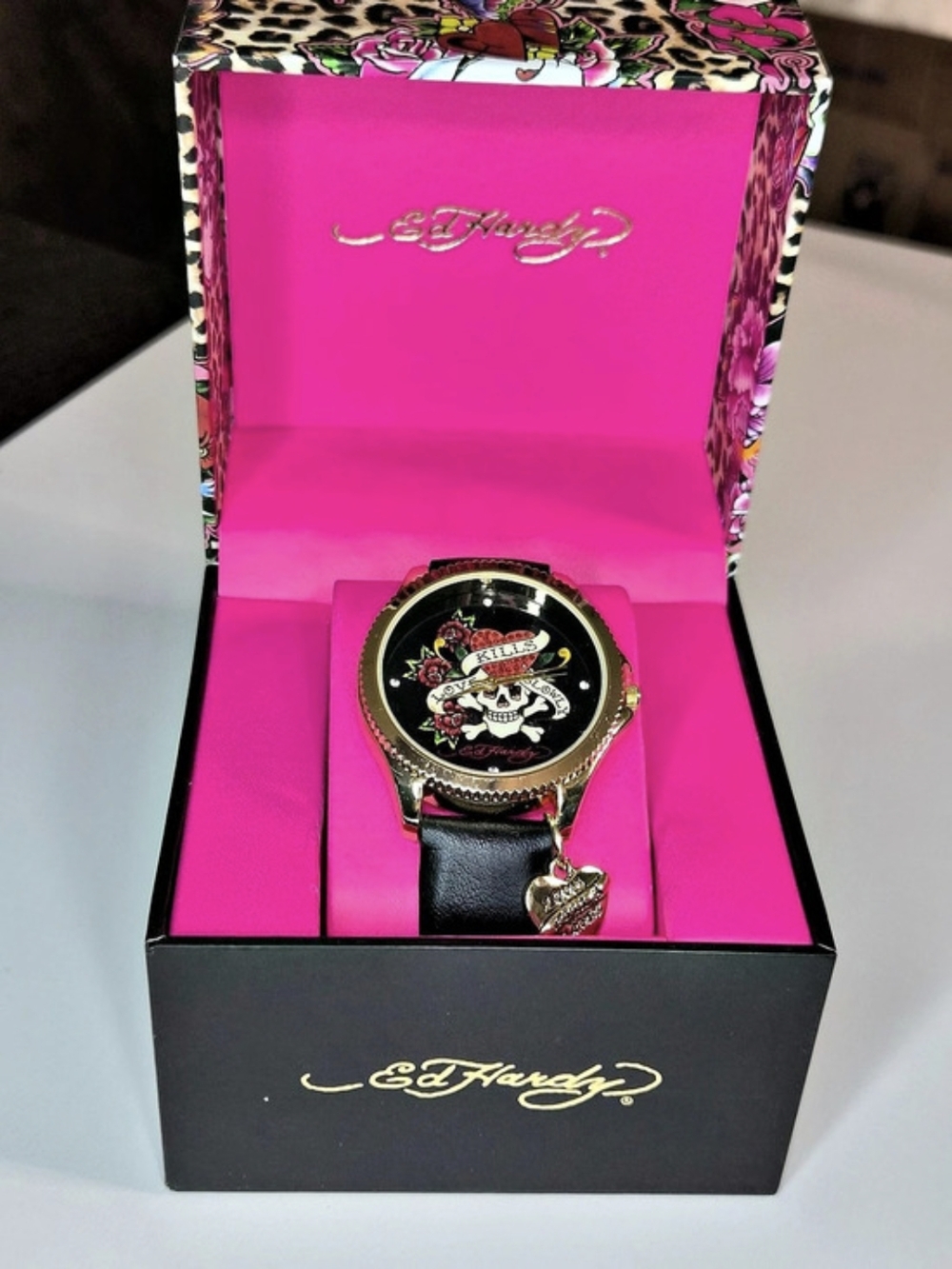 NIB Ed Hardy "Love Kills Slowly" Gold Rhinestone Skull Watch Black
